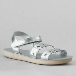 Lands End Girls' Metallic Silver Genuine Leather Sandals Velcro Strap Size 4
